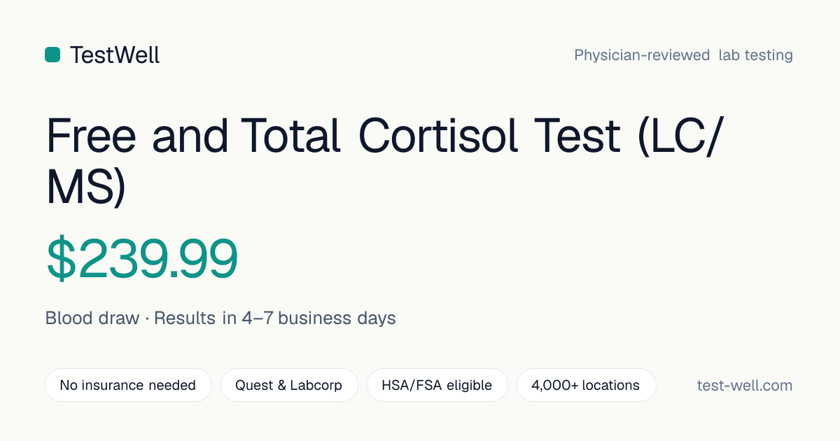 Free and Total Cortisol Test (LC/MS) — $239.99 | No Doctor Needed